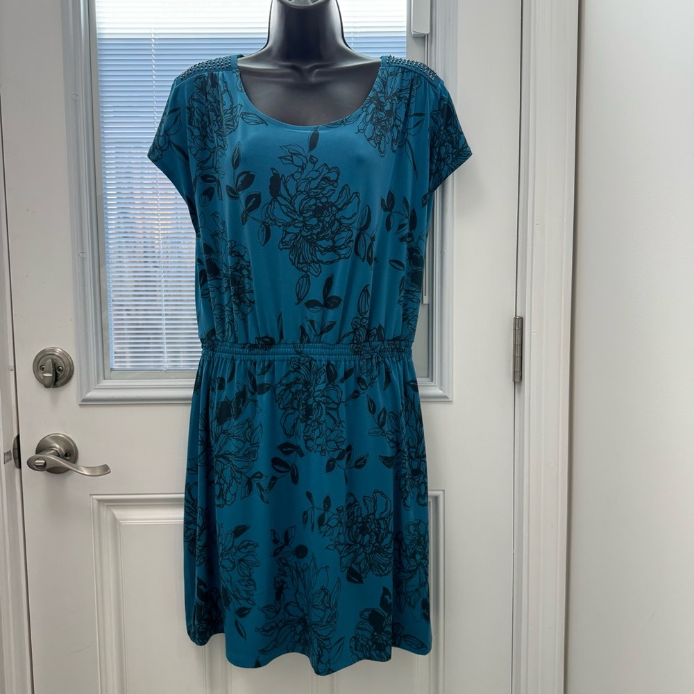 Banana Republic Teal  Floral Dress with Flutter Sleeves and Beaded Detai